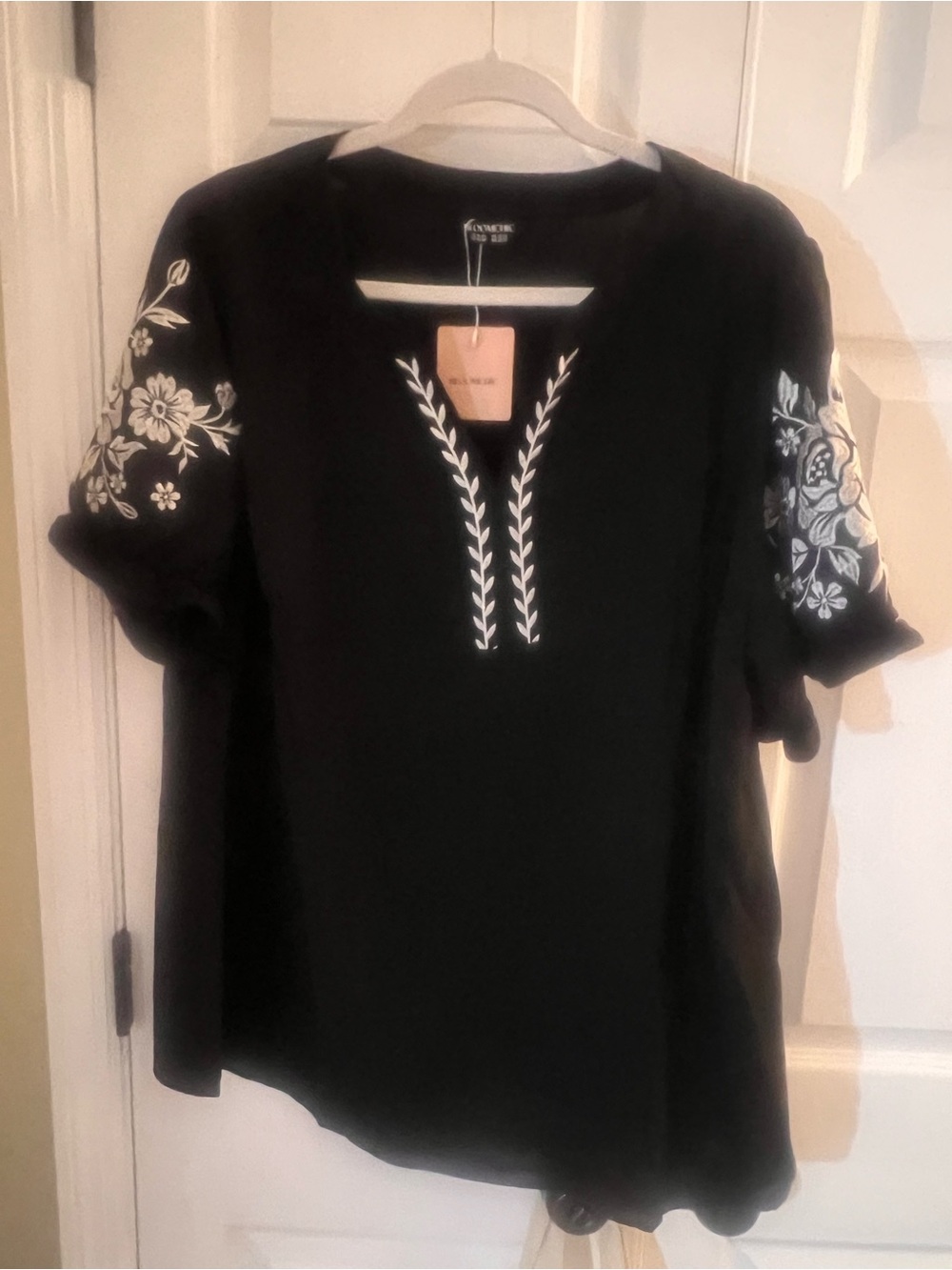 BloomChic Black Short Sleeve Tunic with White Floral Embroidery
